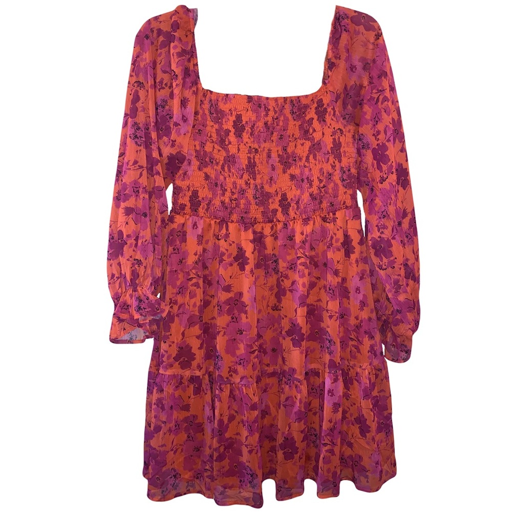 NEW Pink Lily Large Long Sleeved Sweetheart Orange/Purple Floral Babydoll Dress
